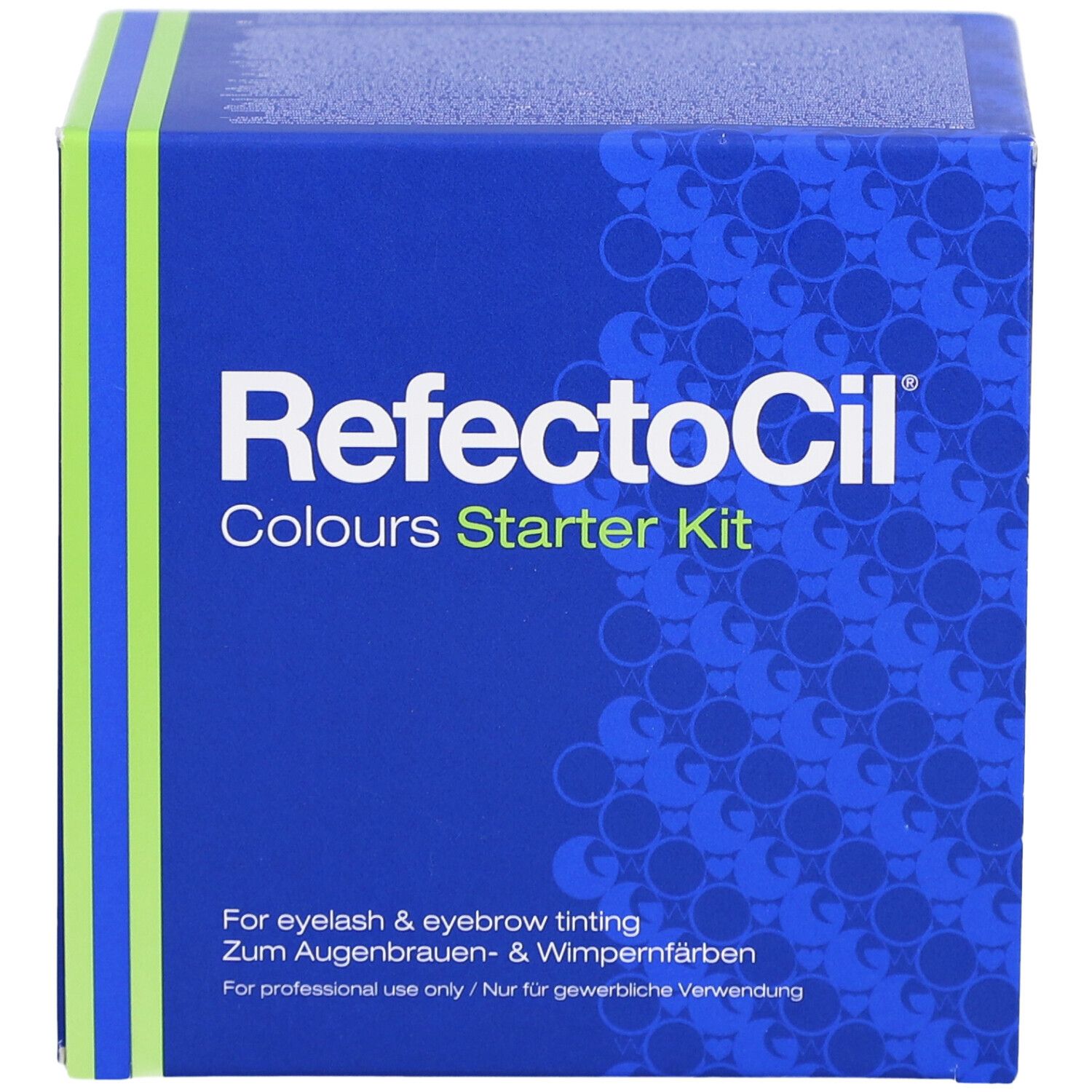 Blaue Box mit "RefectoCil Colours Starter Kit" Schriftzug. Grüne und blaue Streifen.