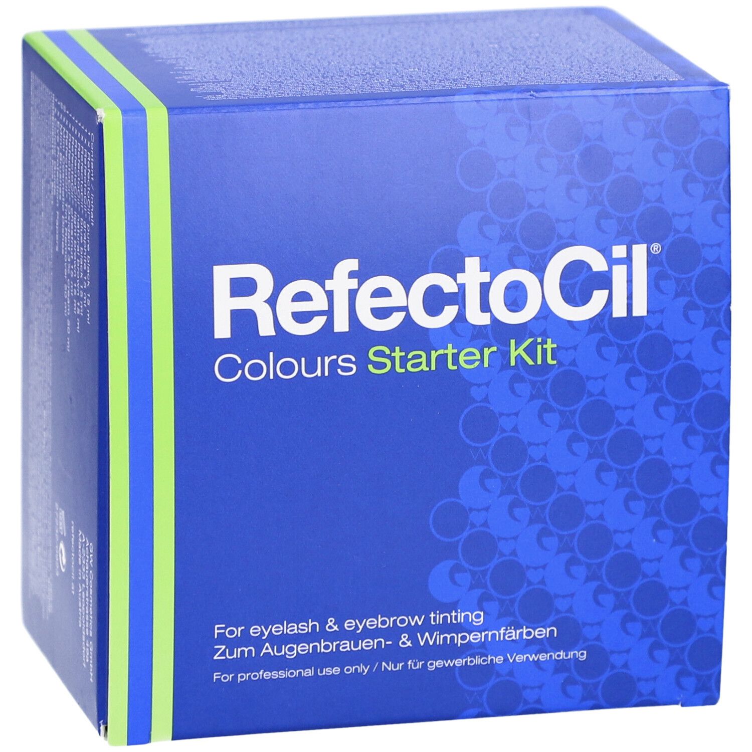Blaue Box mit "RefectoCil Colours Starter Kit" Schriftzug. Grüne und blaue Streifen.