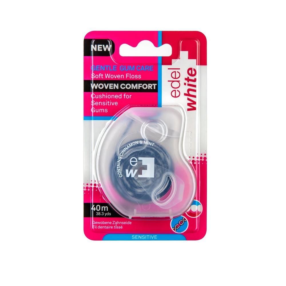 Distributeur de fil dentaire en blister. Emballage rose et blanc avec nom et logo du produit. Contient 40m de fil.