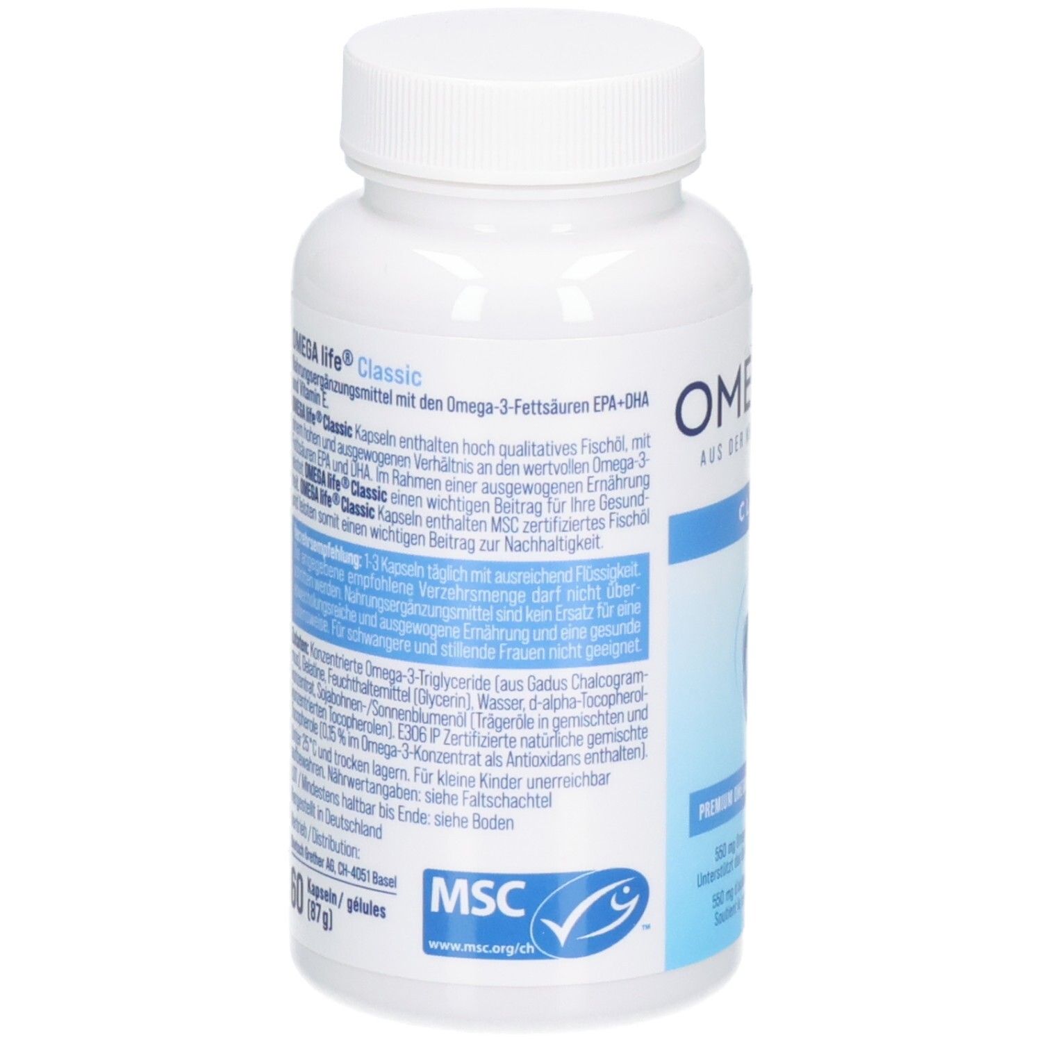 OMEGAlife Classic Kapsel mit detaillierter Nährwertangabe und MSC-Siegel. Enthält Omega-3-Fettsäuren EPA/DHA.