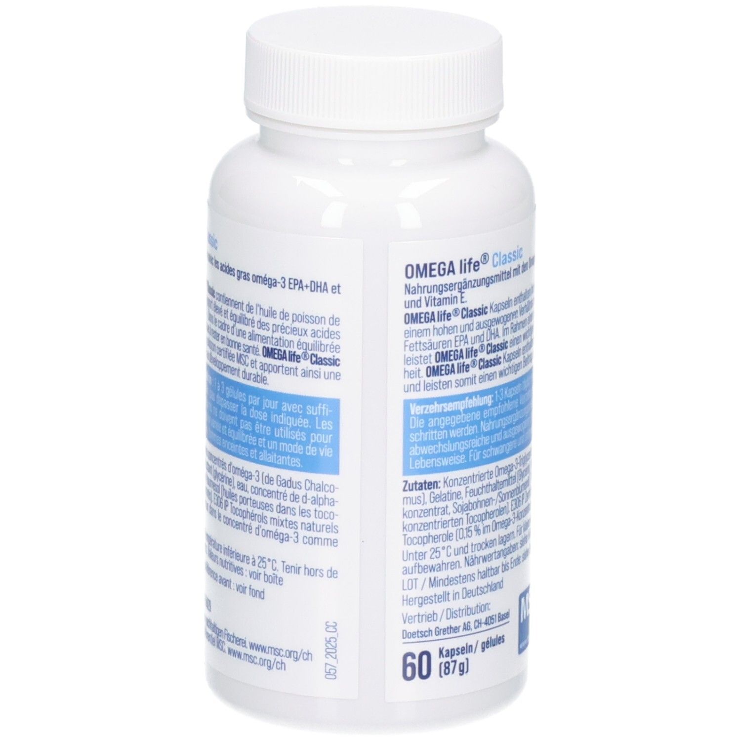 Rückseite einer OMEGAlife Classic Kapsel-Flasche mit Nährwertangaben, Inhaltsstoffen und MSC-Siegel. 60 Kapseln.