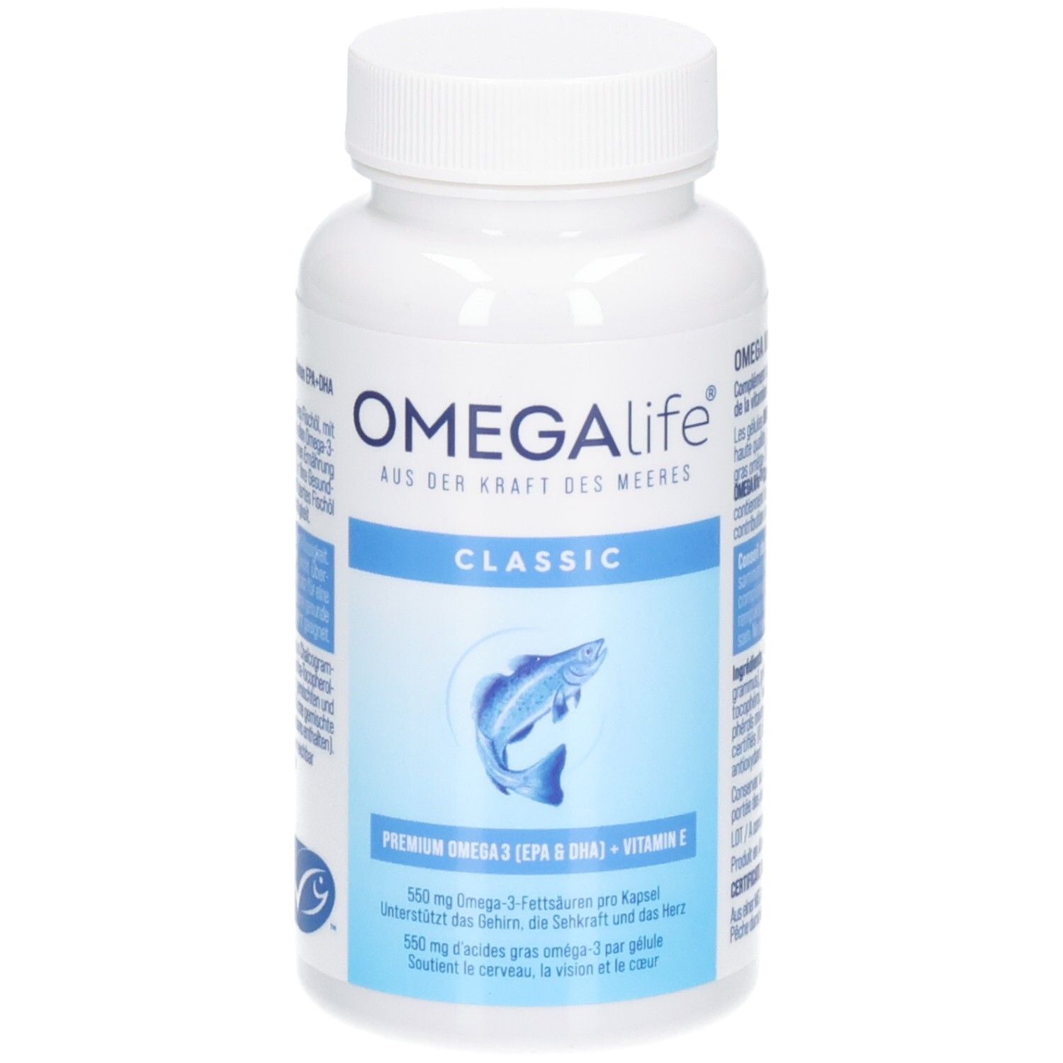 OMEGAlife Classic Dose mit Fisch-Symbol. Premium Omega-3 (EPA & DHA) + Vitamin E. Unterstützt Gehirn, Sehkraft und Herz.
