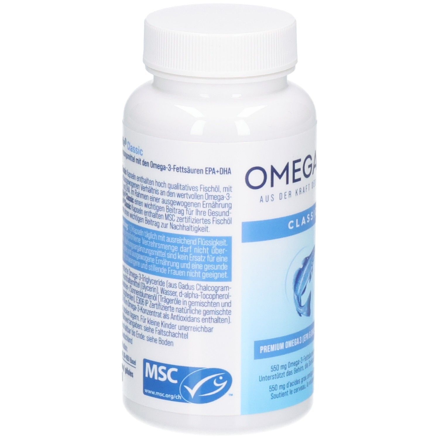 OMEGAlife Classic Dose mit detaillierten Nährwertangaben und MSC-Siegel. Enthält Omega-3-Fettsäuren EPA/DHA.