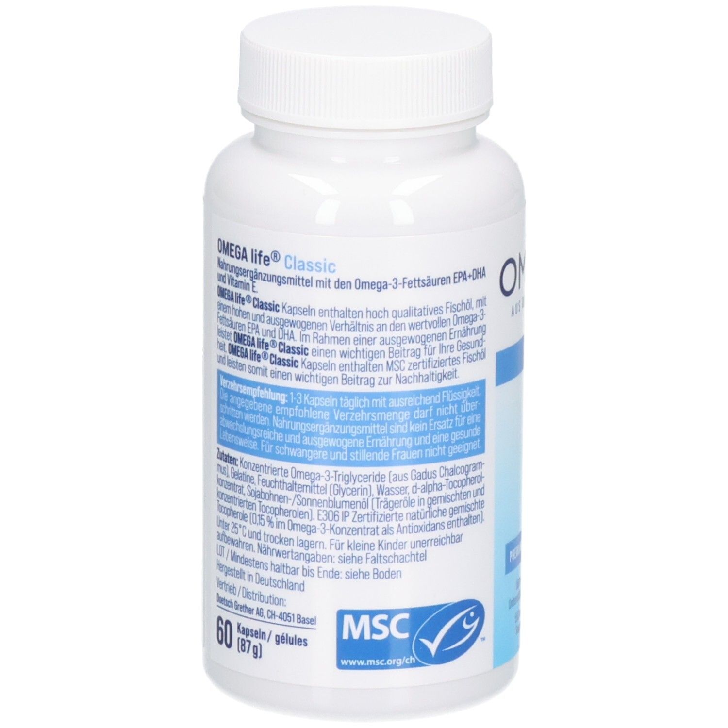 Rückseite einer OMEGAlife Classic Kapsel-Flasche mit Nährwertangaben, Inhaltsstoffen und MSC-Siegel. 60 Kapseln.