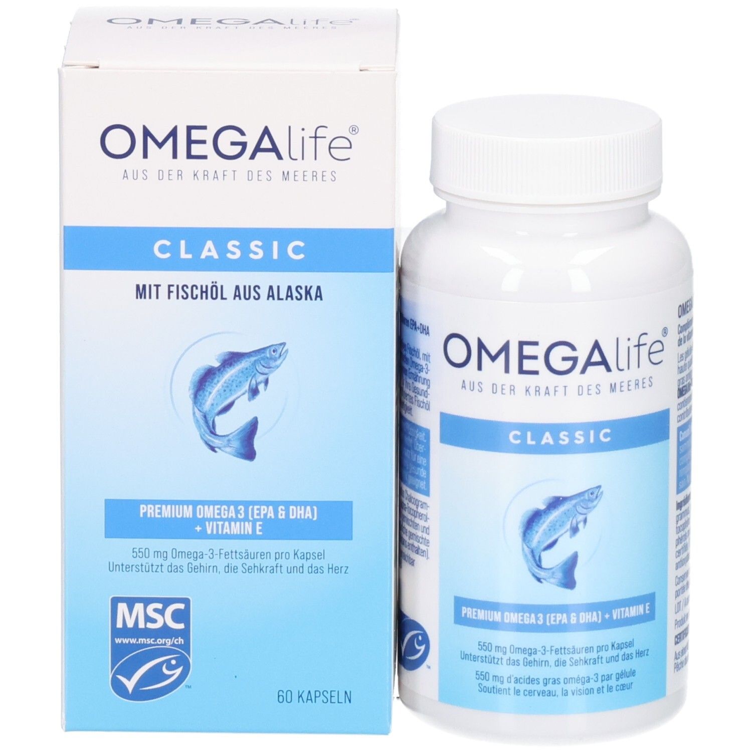 OMEGAlife Classic Dose und Kartonverpackung mit Fisch-Symbol. Premium Omega-3 (EPA & DHA) + Vitamin E.