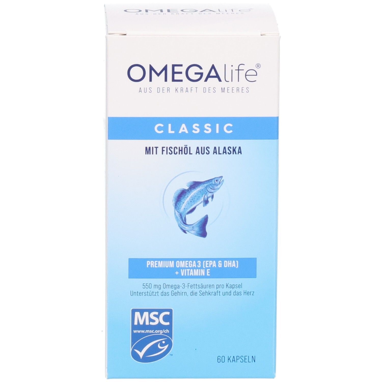 OMEGAlife Classic Kartonverpackung mit Fisch-Symbol. Premium Omega-3 (EPA & DHA) + Vitamin E. 60 Kapseln.