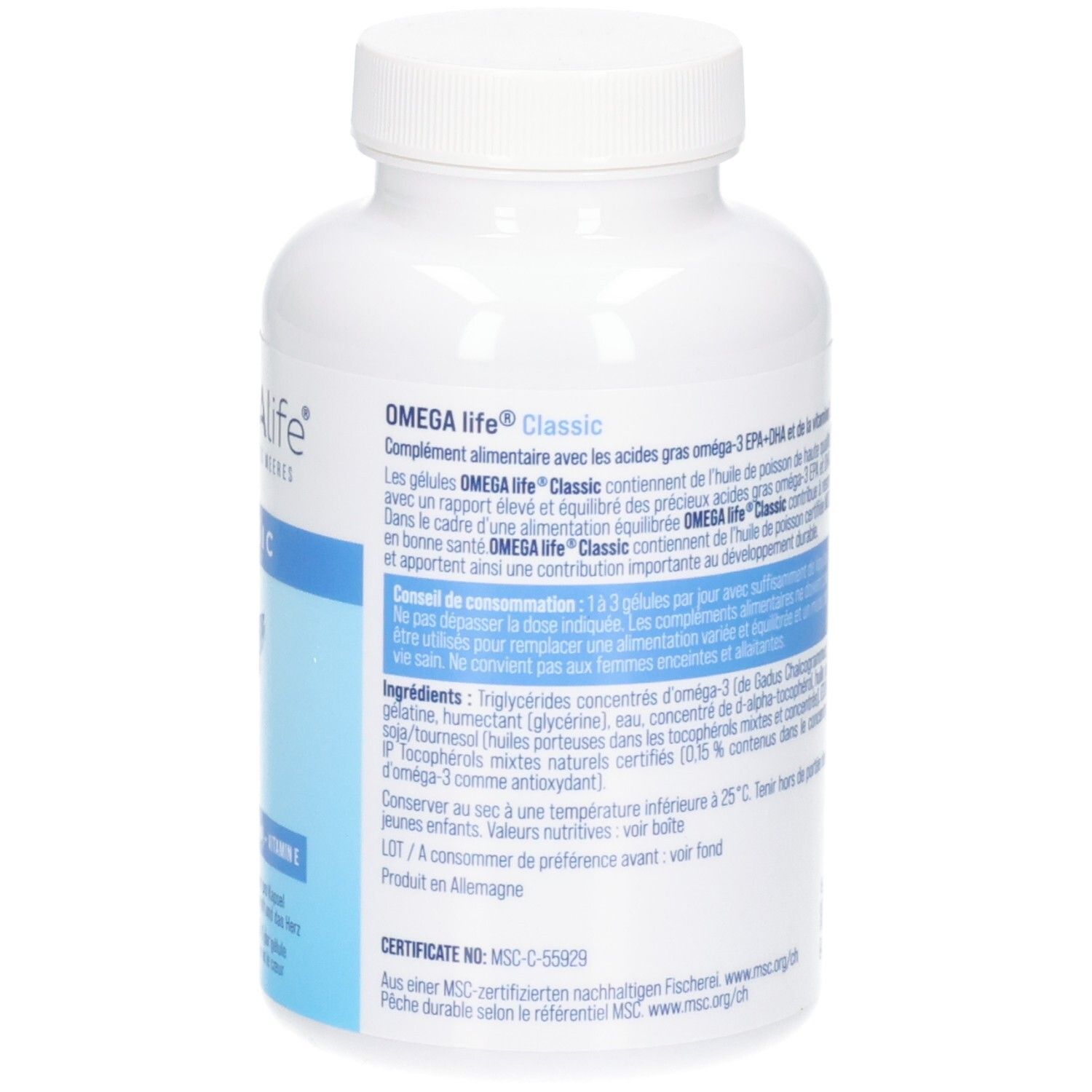 Rückseite der OMEGALife CLASSIC Kapseldose mit Inhaltsstoffen, Anwendungshinweisen und MSC-Zertifikat.