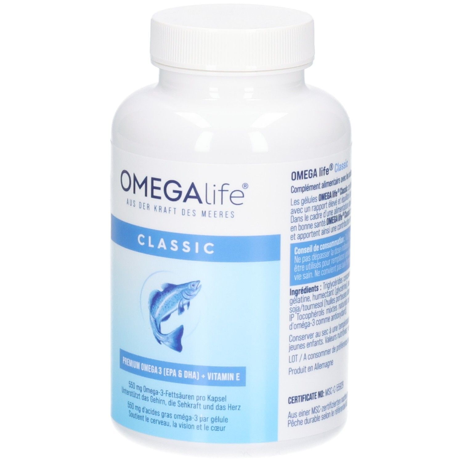 OMEGALife CLASSIC Kapseldose mit Fisch-Logo. Enthält Premium Omega 3 (EPA & DHA) + Vitamin E.