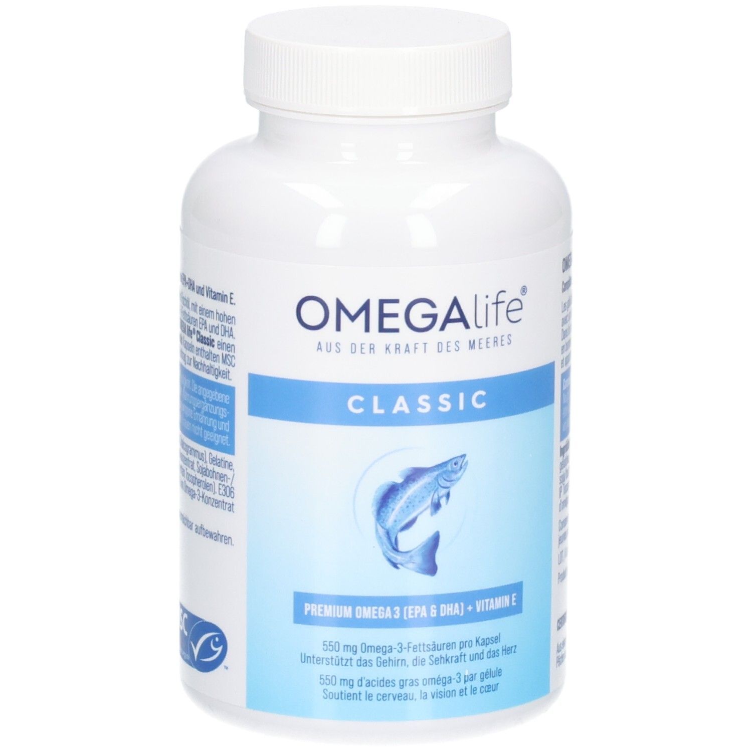 OMEGALife CLASSIC Kapseldose mit Fisch-Logo. Enthält Premium Omega 3 (EPA & DHA) + Vitamin E.