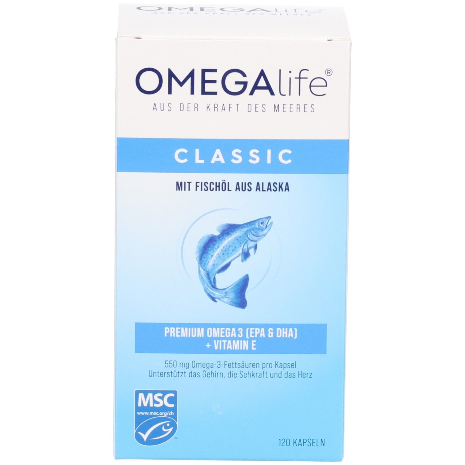 OMEGALife CLASSIC Verpackung mit Fisch-Logo. Premium Omega 3 (EPA & DHA) + Vitamin E. 120 Kapseln.