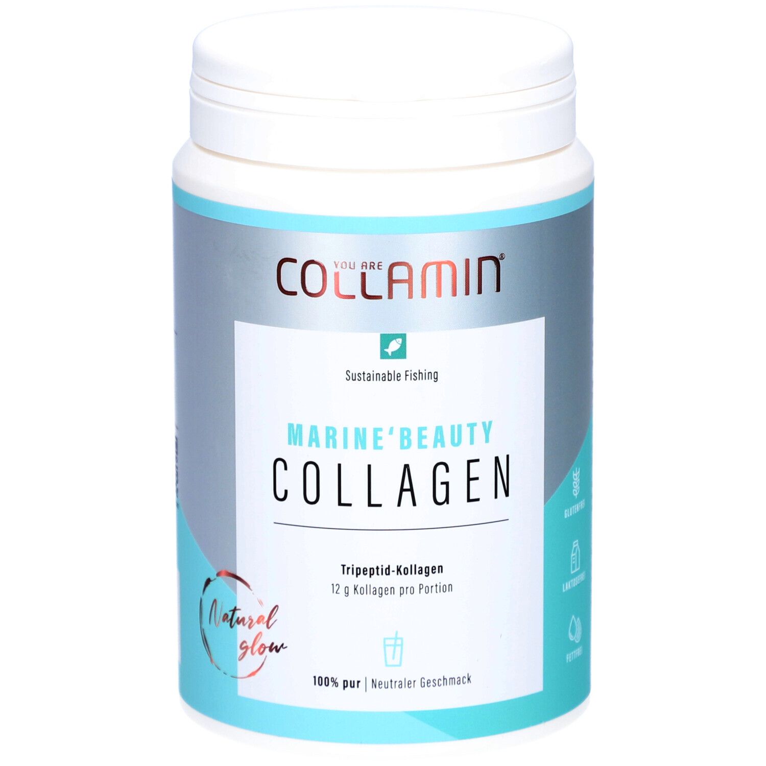 Weiße Dose mit blau-grauer Beschriftung. Aufschrift: COLLAMIN Marine'Beauty Collagen. Enthält Tripeptid-Kollagen.