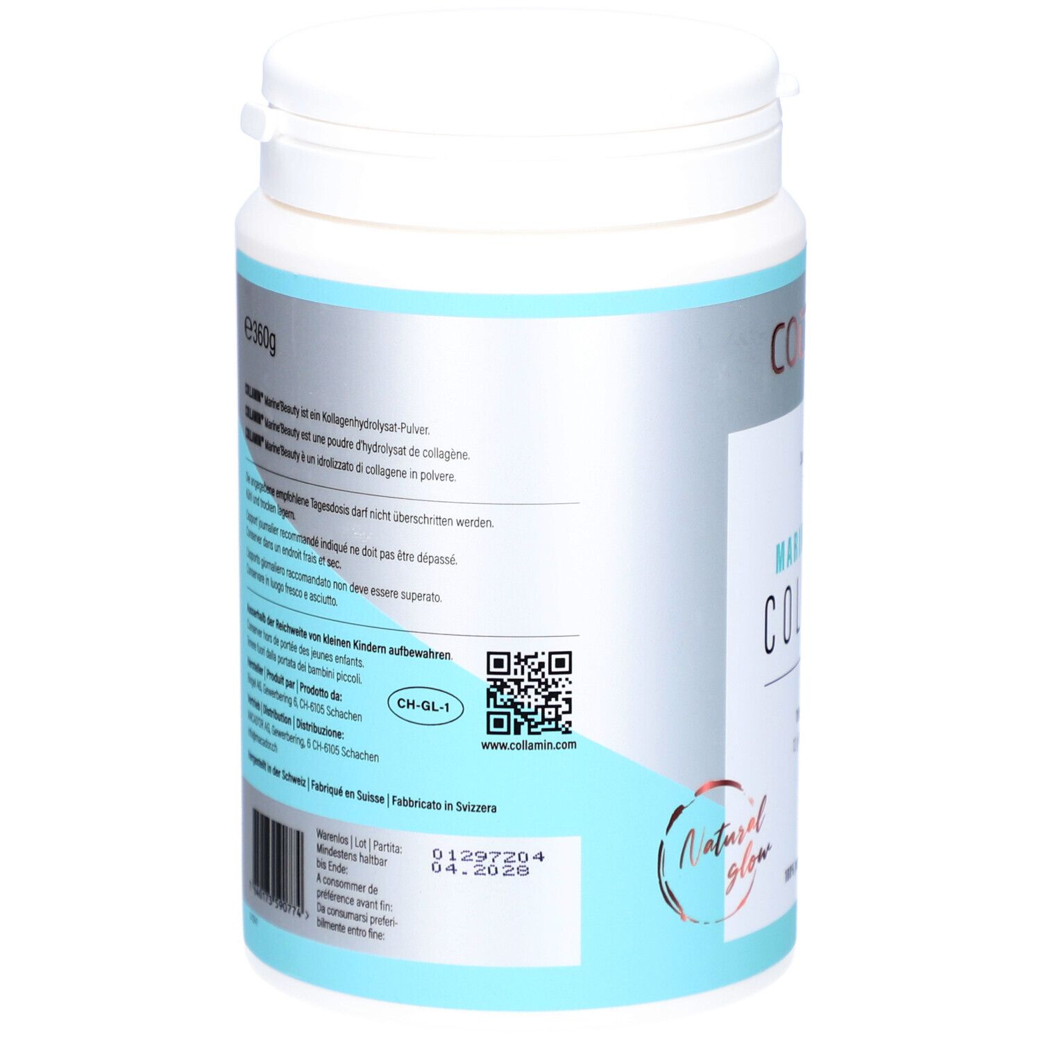 Rückseite der weißen Dose. Enthält Informationen zu Inhaltsstoffen, Anwendung und Hersteller. Mit QR-Code und Chargennummer.