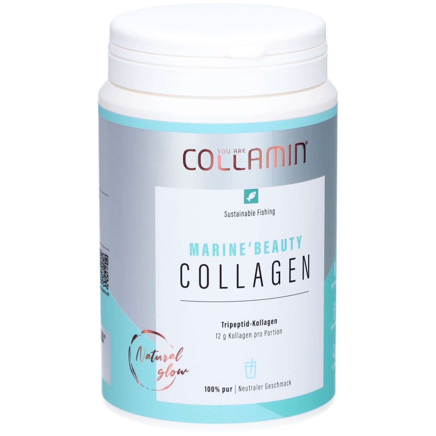 Weiße Dose mit blau-grauer Beschriftung. Aufschrift: COLLAMIN Marine'Beauty Collagen. Enthält Tripeptid-Kollagen.