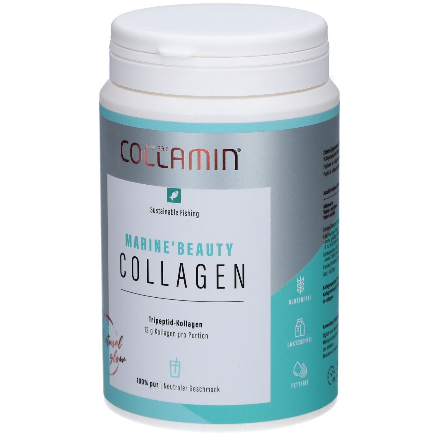 Weiße Dose mit blau-grauer Beschriftung. Aufschrift: COLLAMIN Marine'Beauty Collagen. Enthält Tripeptid-Kollagen. Mit Allergenhinweisen.