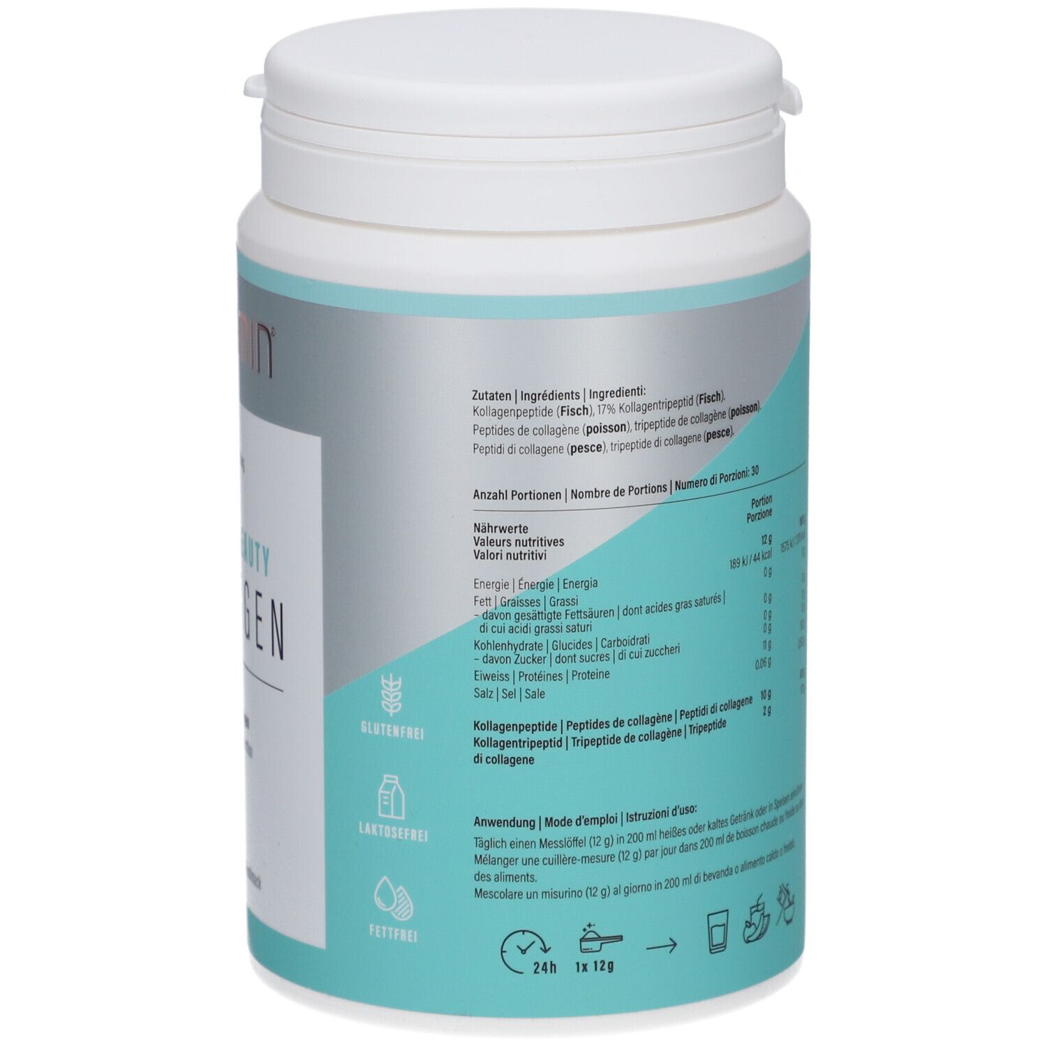 Rückseite der weißen Dose. Enthält Nährwertangaben, Inhaltsstoffe und Anwendungshinweise. Mit Allergenhinweisen.