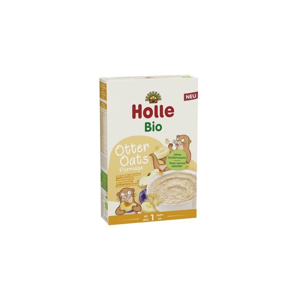 Holle Bio Otter Oats Porridge Karton mit Illustrationen von Ottern und Früchten, vorne mit Produktbild.
