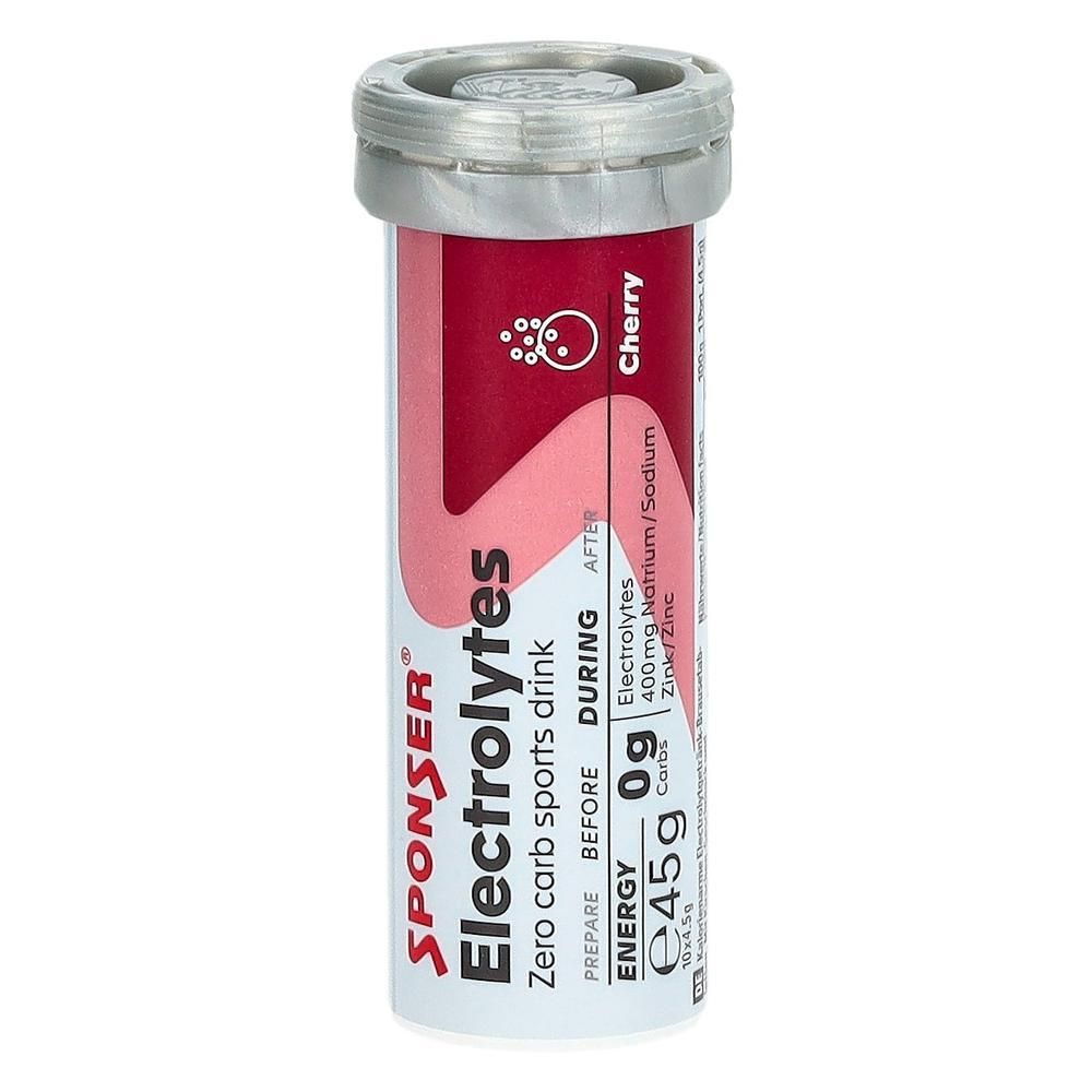 Emballage cylindrique SPONSER Electrolytes Tabs Cherry. Couleurs rouge et blanc. Contient des informations nutritionnelles et des ingrédients.