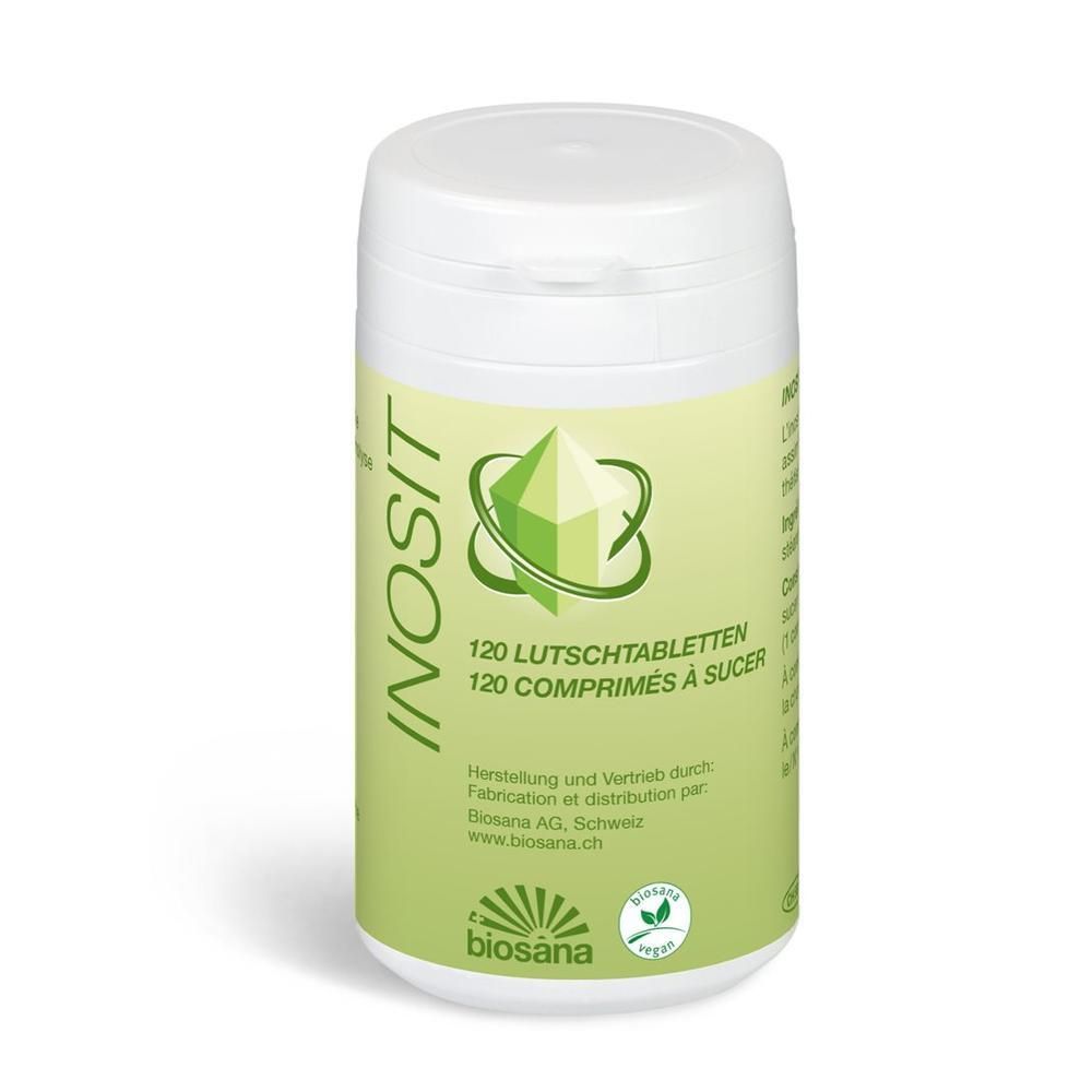 Weiße Dose mit BIOSANA Inosit Lutschtabletten, 120 Stück. Grüne Etikettierung mit Produktinformationen und Logo.