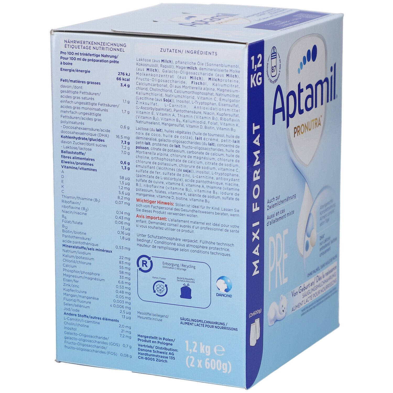 Aptamil Pronutra PRE, boîte Maxi Format. Tableau nutritionnel et liste des ingrédients. 1,2 kg. Emballage bleu et blanc.
