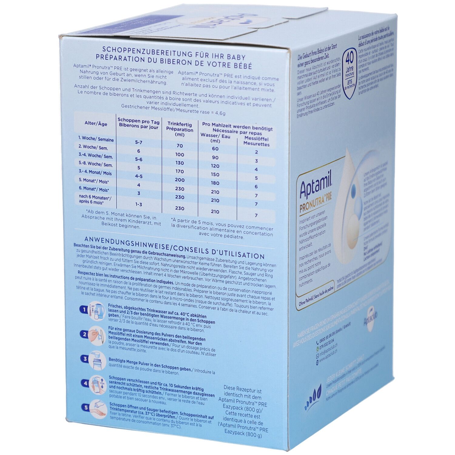 Aptamil Pronutra PRE, boîte Maxi Format. Instructions de préparation. 1,2 kg. Emballage bleu et blanc.