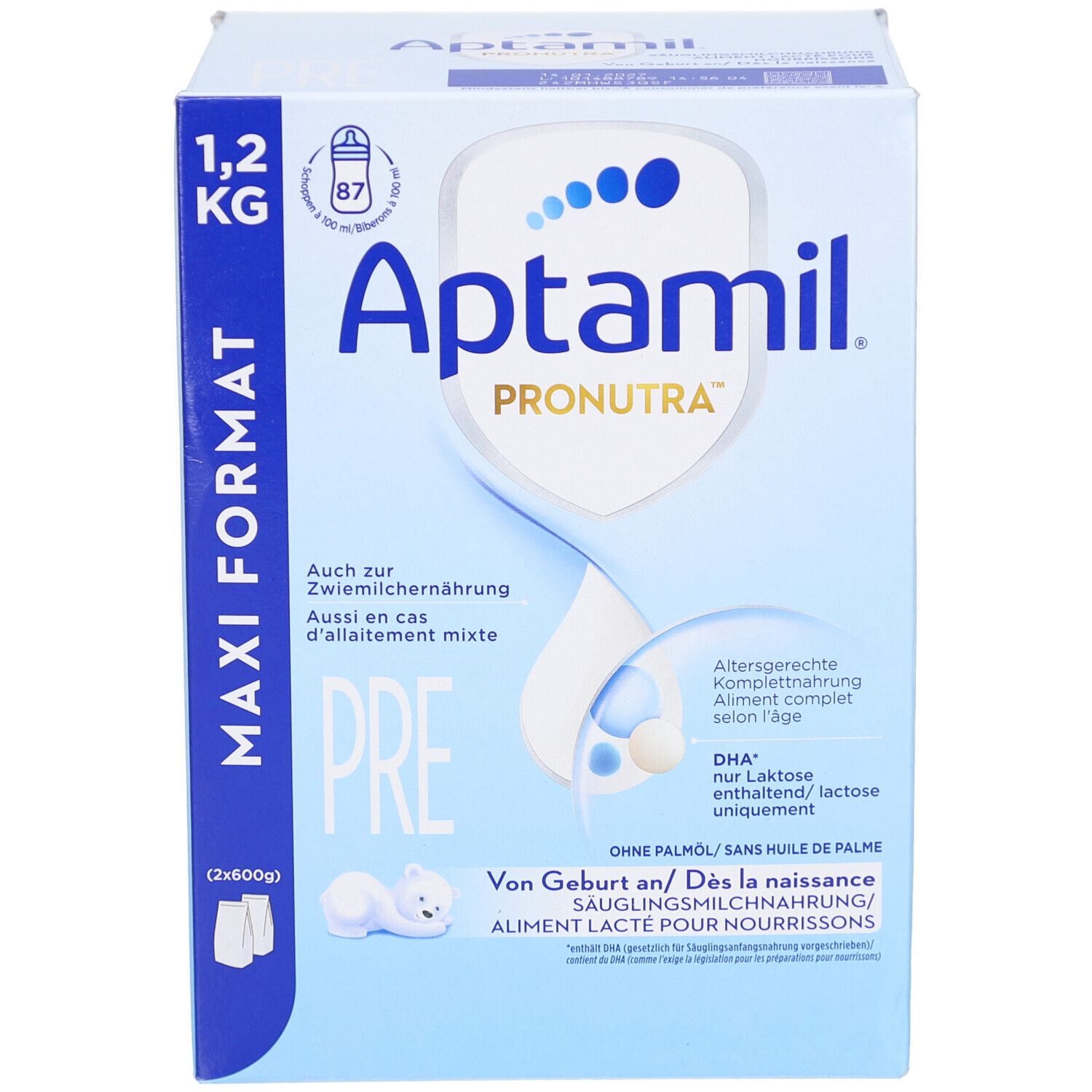 Aptamil Pronutra PRE, boîte Maxi Format. 1,2 kg. Pour nourrissons dès la naissance. Sans huile de palme. Emballage bleu et blanc.