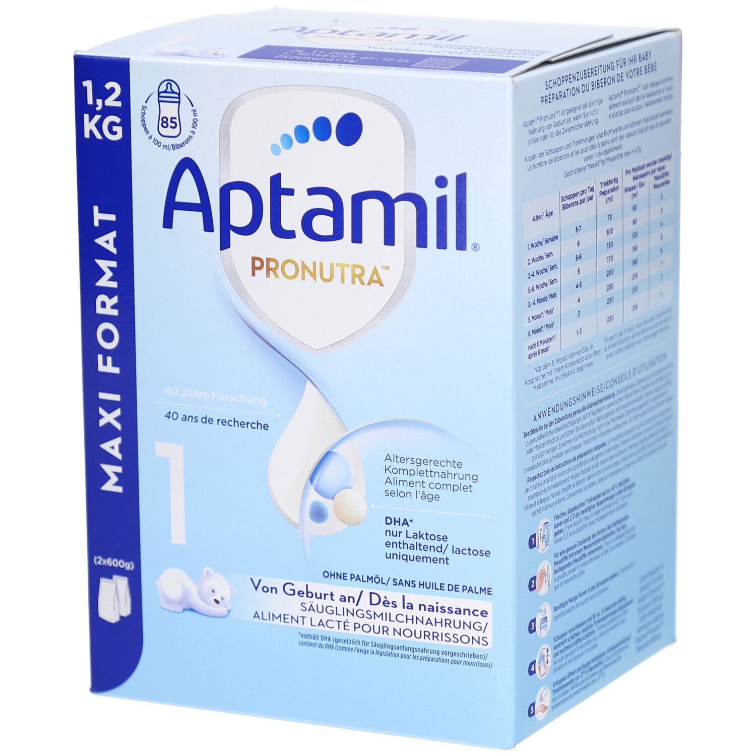 Aptamil Pronutra 1 Säuglingsmilchnahrung. Blaue Verpackung, 1,2 kg. Maxi Format. Enthält DHA. Ohne Palmöl. Von Geburt an.