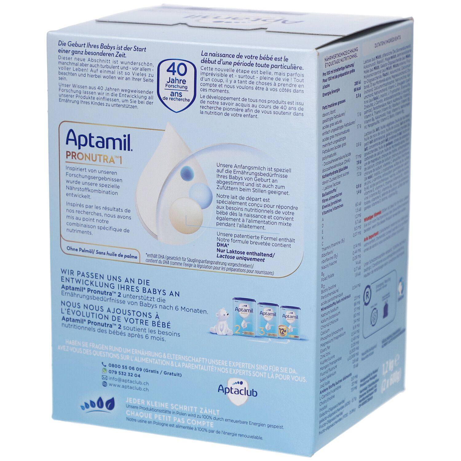 Rückseite der Aptamil Pronutra 1 Verpackung. Informationen zur Forschung und Entwicklung. Enthält DHA. Ohne Palmöl.