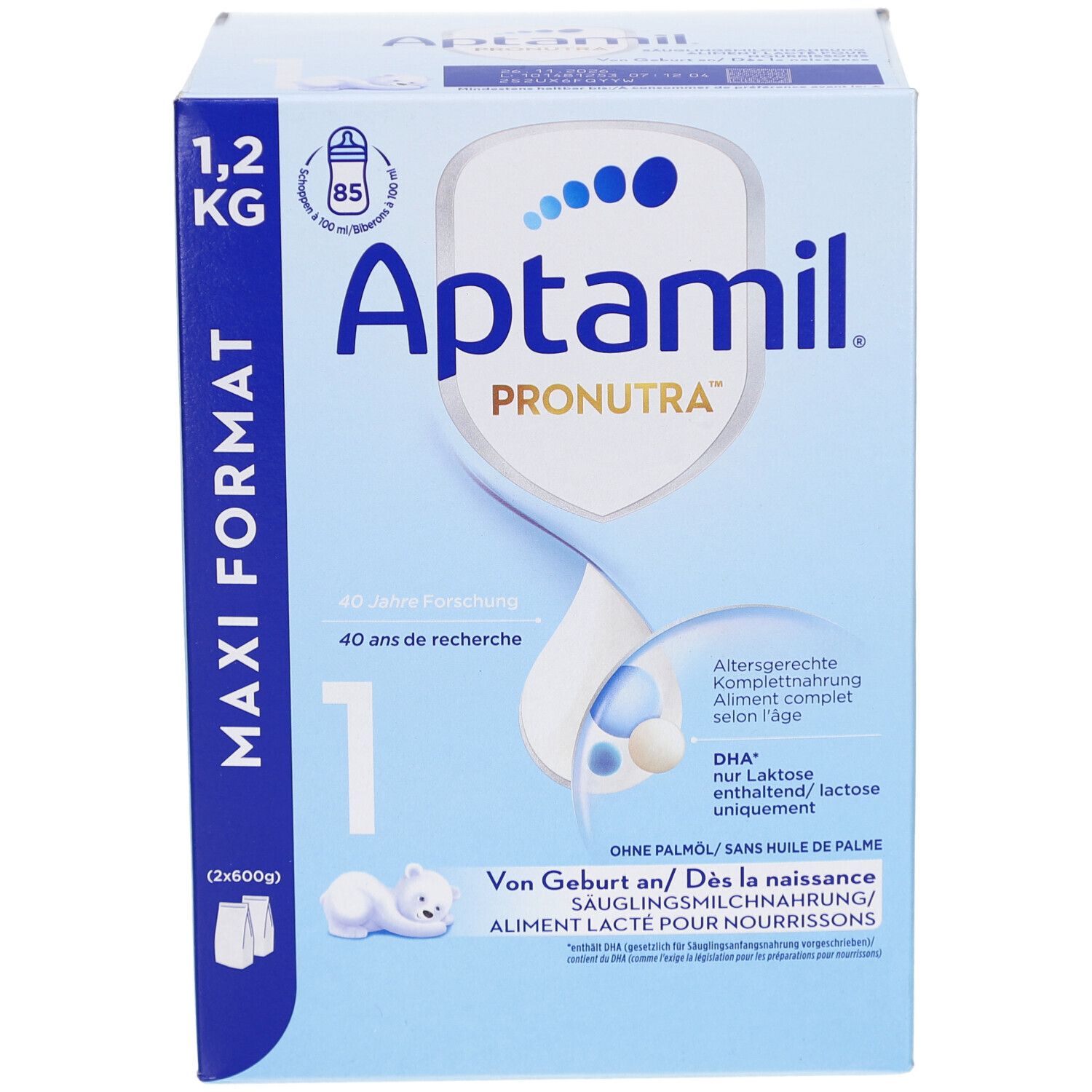 Aptamil Pronutra 1 Säuglingsmilchnahrung. Blaue Verpackung, 1,2 kg. Maxi Format. Enthält DHA. Ohne Palmöl. Von Geburt an.