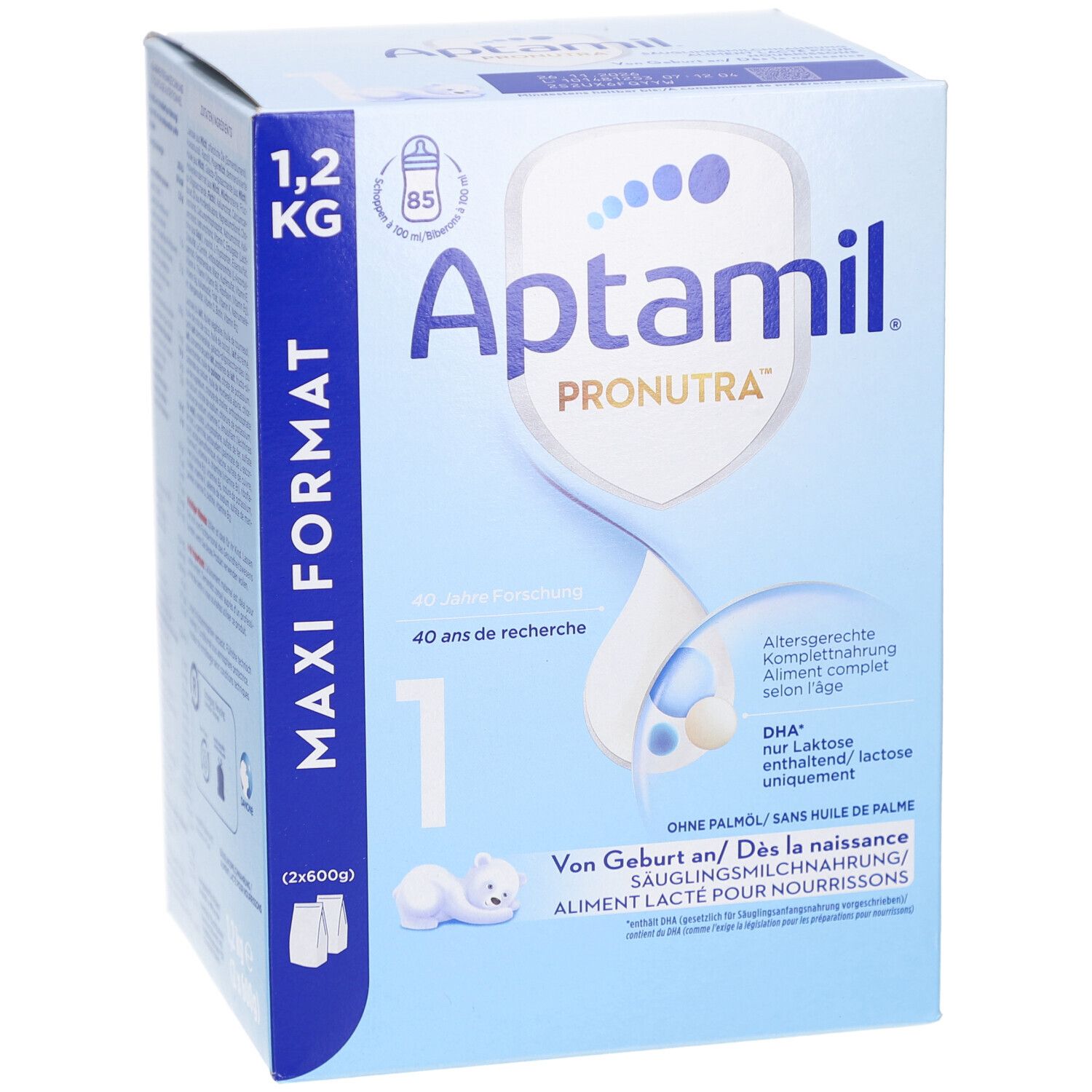 Aptamil Pronutra 1 Säuglingsmilchnahrung. Blaue Verpackung, 1,2 kg. Maxi Format. Enthält DHA. Ohne Palmöl. Von Geburt an.