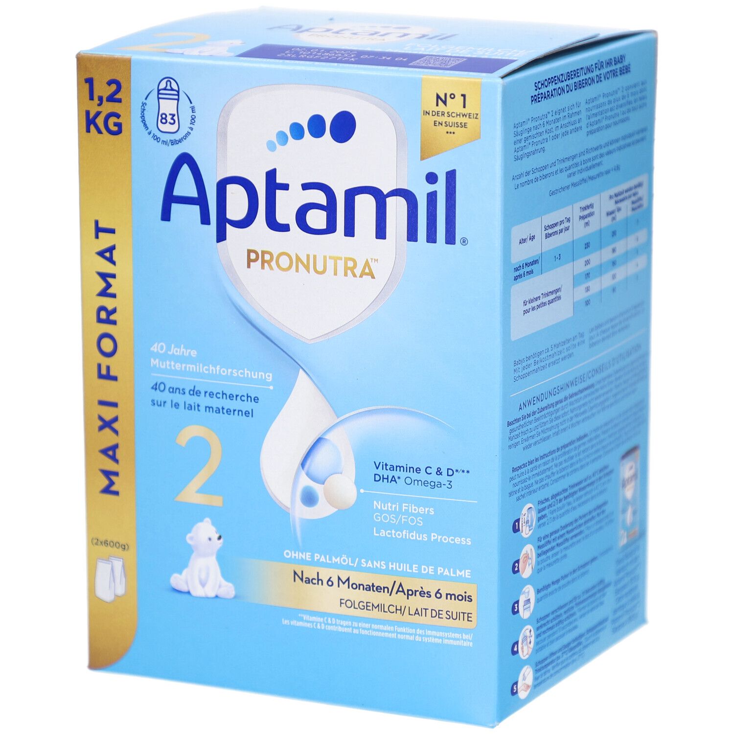 Aptamil Folgemilch 2 Pronutra, Maxi Format, 1.2 kg. Blaue Verpackung mit Produktlogo und Inhaltsangaben. Für Babys ab 6 Monaten.