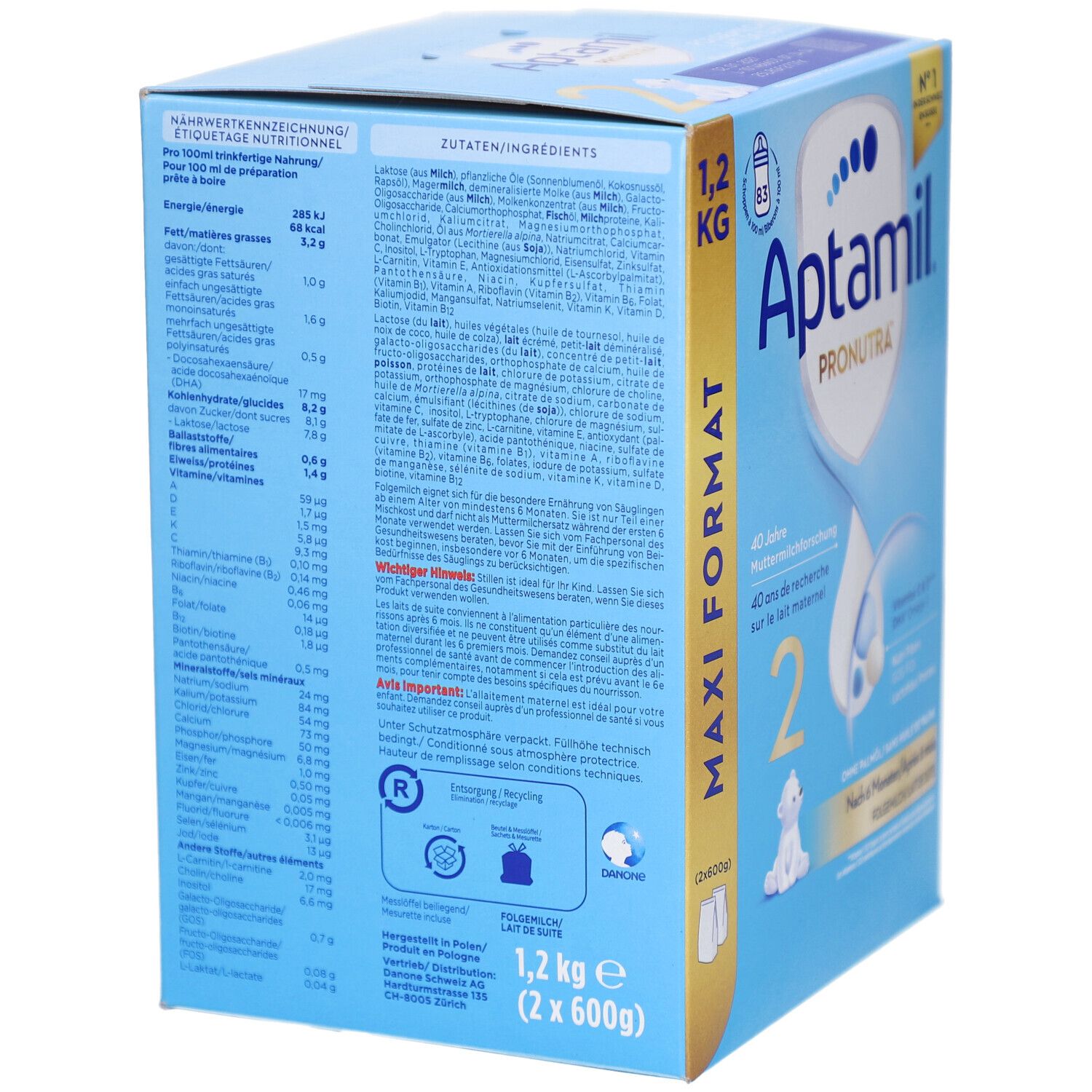 Rückseite der Aptamil Folgemilch 2 Pronutra Verpackung. Enthält Nährwertangaben, Zutatenliste und wichtige Hinweise.