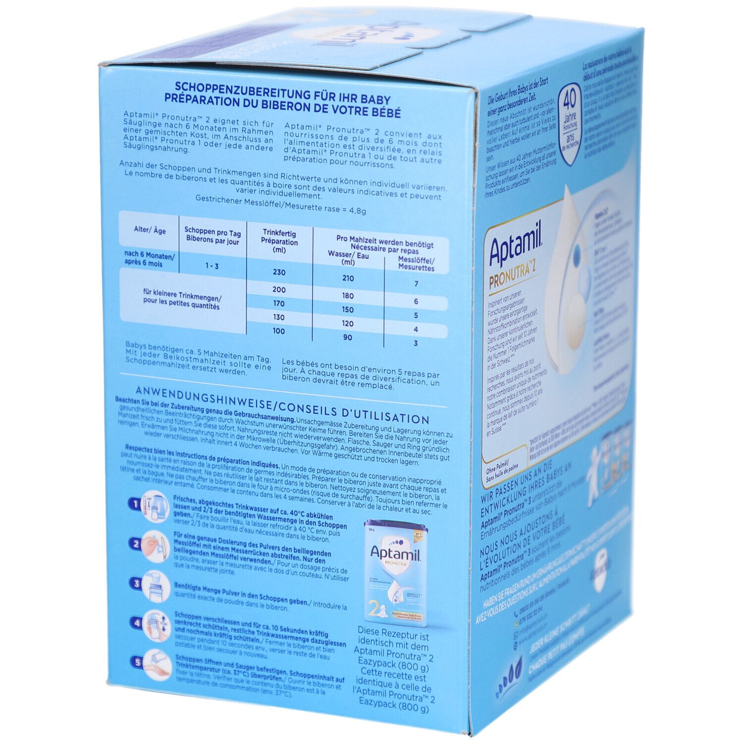 Rückseite der Aptamil Folgemilch 2 Pronutra Verpackung. Zubereitungshinweise und Dosierungstabellen für Babynahrung.