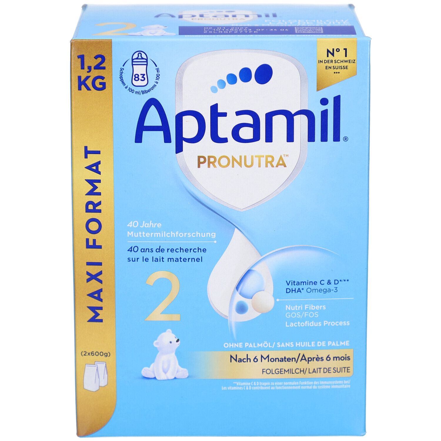 Aptamil Folgemilch 2 Pronutra, Maxi Format, 1.2 kg. Blaue Verpackung mit Produktlogo und Inhaltsangaben. Für Babys ab 6 Monaten.