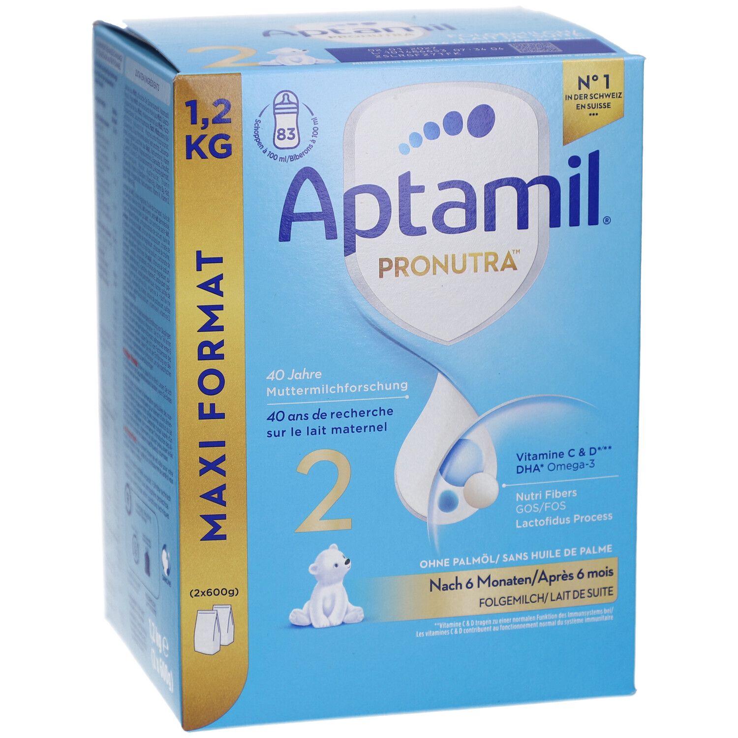 Aptamil Folgemilch 2 Pronutra, Maxi Format, 1.2 kg. Blaue Verpackung mit Produktlogo und Inhaltsangaben. Für Babys ab 6 Monaten.