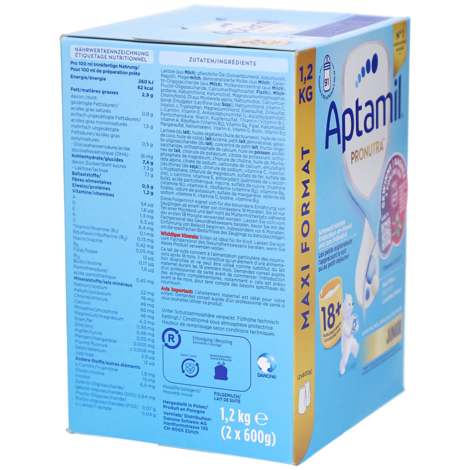 Dos de la boîte en carton. Contient des informations nutritionnelles et une liste d'ingrédients. Aptamil Pronutra Juniormilch 18+.