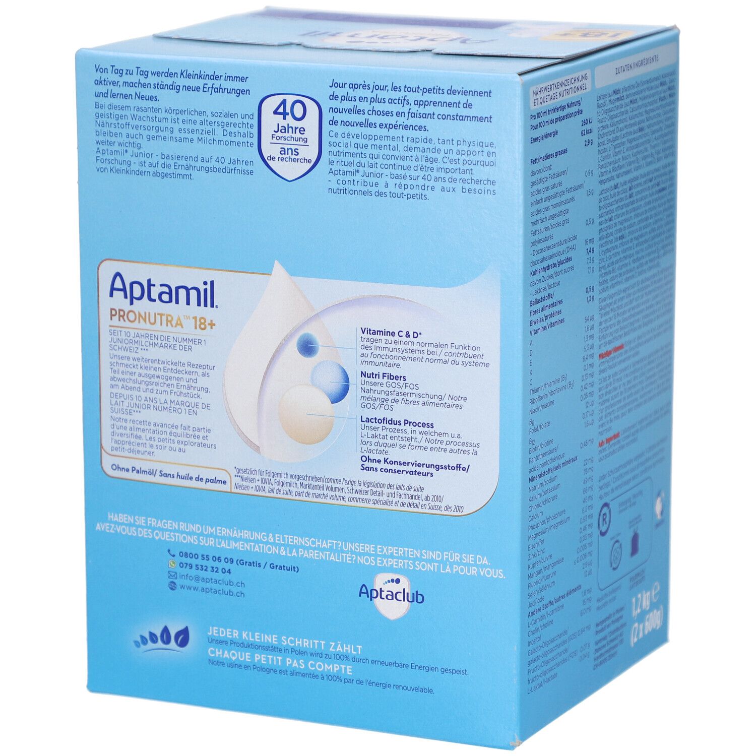 Boîte en carton bleue avec texte. Contient Aptamil Pronutra 18+. 40 ans d'expérience. Informations nutritionnelles.