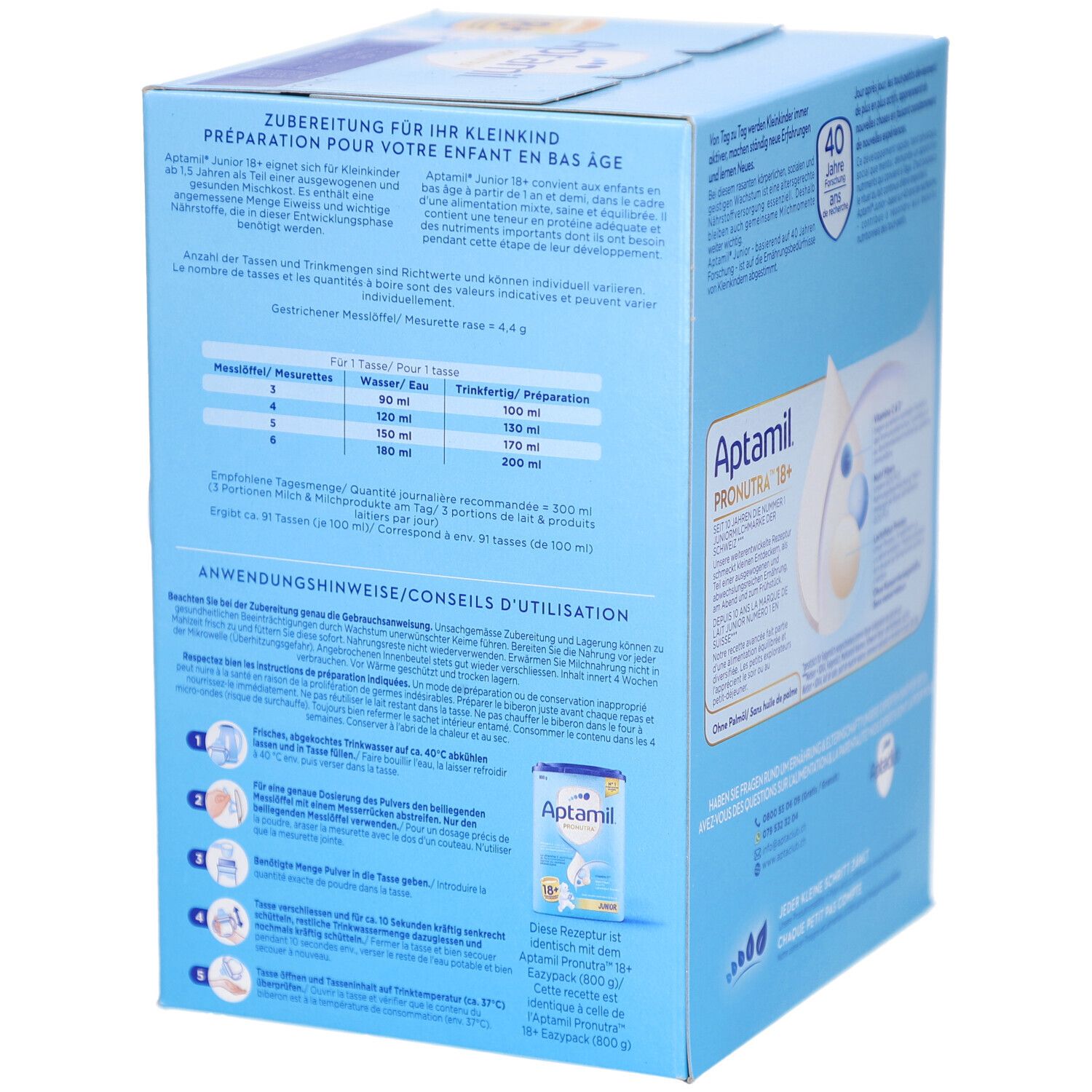 Boîte en carton bleue avec texte. Contient Aptamil Pronutra 18+. Instructions de préparation pour les jeunes enfants.