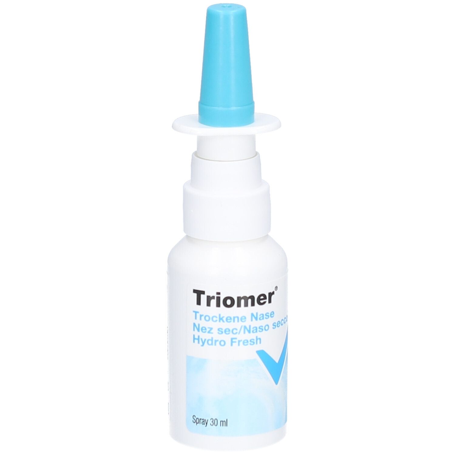 Weiße Sprühflasche mit blauem Aufsatz. Aufschrift: Triomer, Trockene Nase, Hydro Fresh. Blaue Markierung.