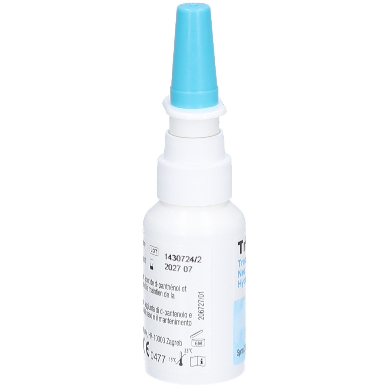 Rückseite der weißen Sprühflasche. Enthält Informationen zu Inhaltsstoffen und Haltbarkeit. Blauer Aufsatz.