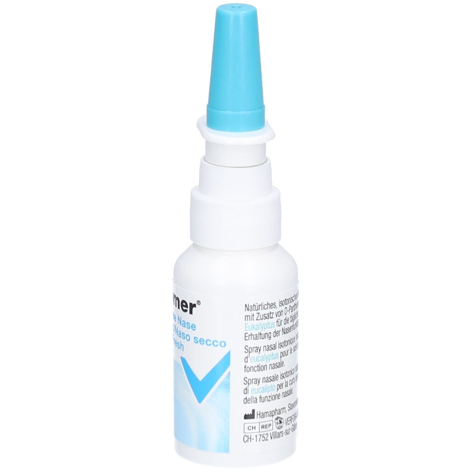 Weiße Sprühflasche mit blauem Aufsatz. Aufschrift: Triomer, Trockene Nase, Hydro Fresh. Blaue Markierung.