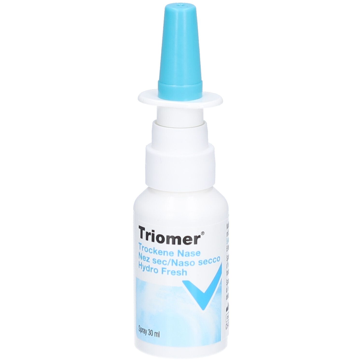 Weiße Sprühflasche mit blauem Aufsatz. Aufschrift: Triomer, Trockene Nase, Hydro Fresh. Blaue Markierung.