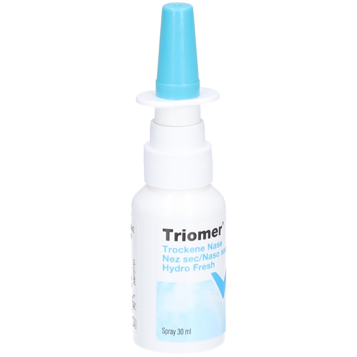 Weiße Sprühflasche mit blauem Aufsatz. Aufschrift: Triomer, Trockene Nase, Hydro Fresh. Blaue Markierung.