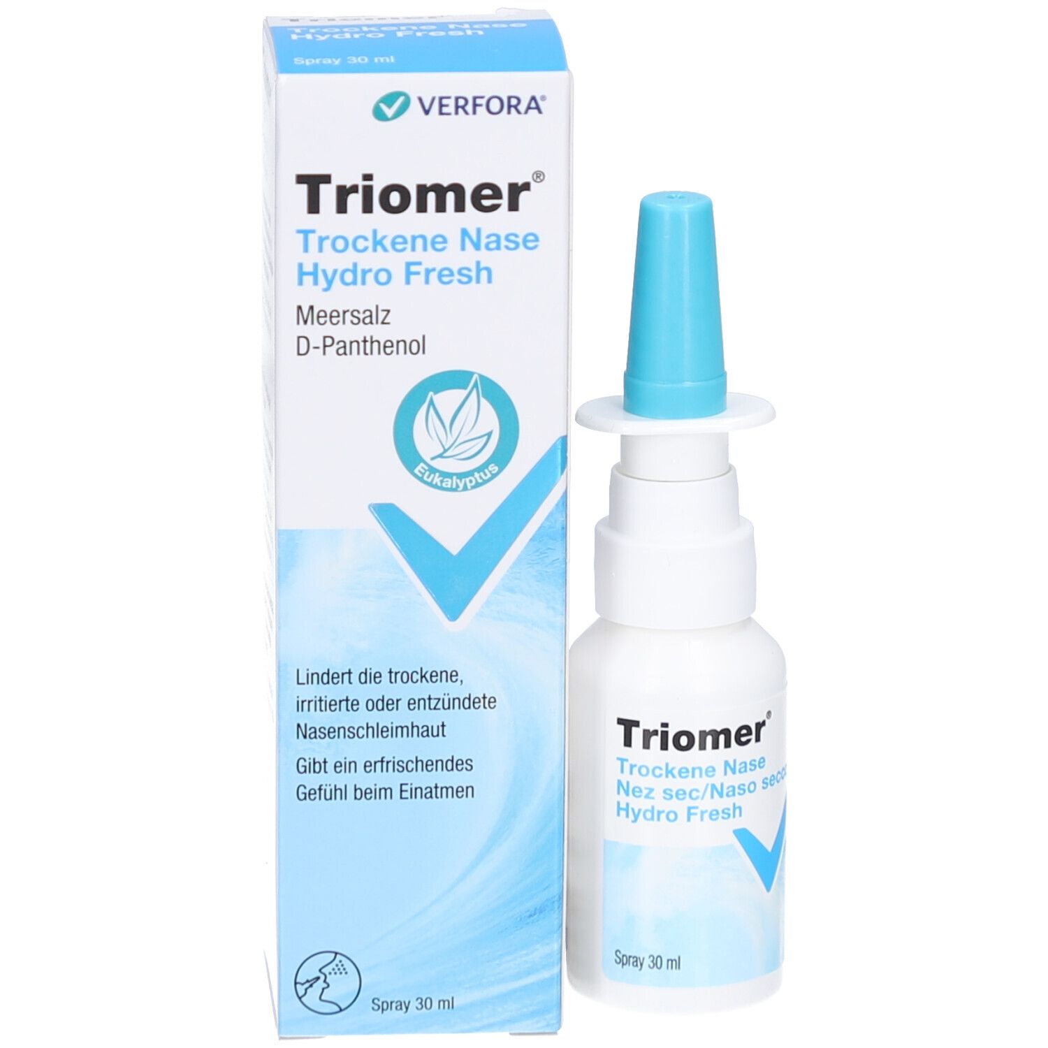 Produkt und Verpackung. Weiße Sprühflasche mit blauer Kappe und Karton. Aufschrift: Triomer, Hydro Fresh.