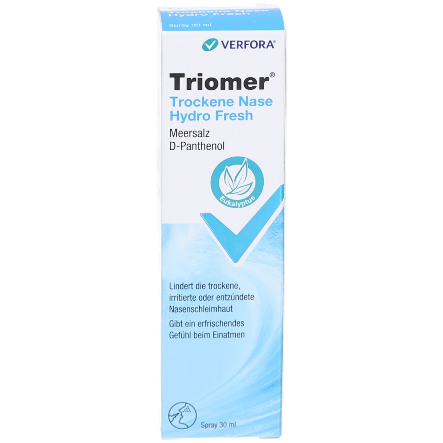 Produktverpackung. Karton mit Aufschrift: Triomer, Trockene Nase, Hydro Fresh. Logo und Produktbeschreibung.