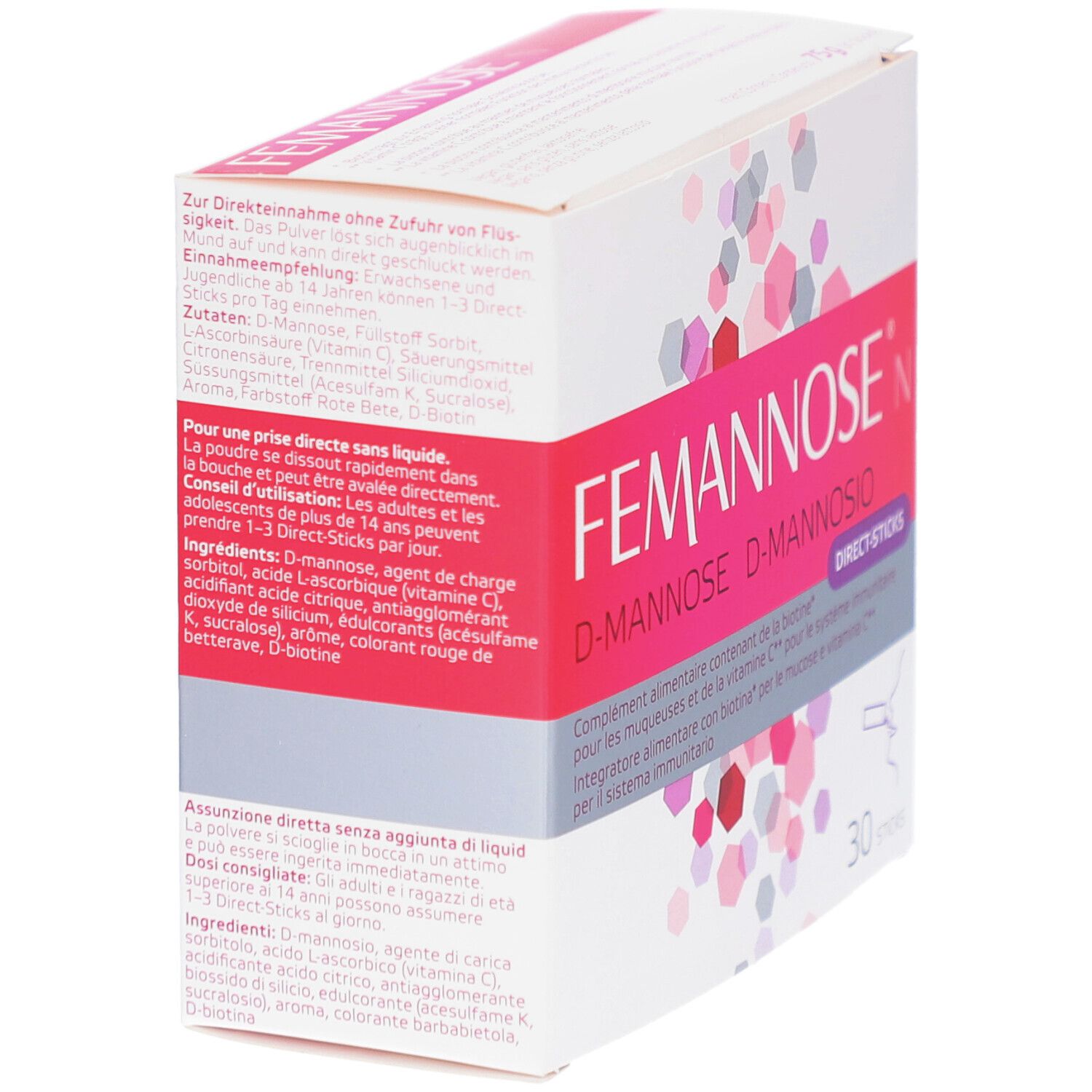 Karton FEMANNOSE N Direct-Sticks. Verpackung mit Produktnamen und 30 Sticks. Enthält D-Mannose, Vitamin C und Biotin. Text in Deutsch, Französisch und Italienisch.