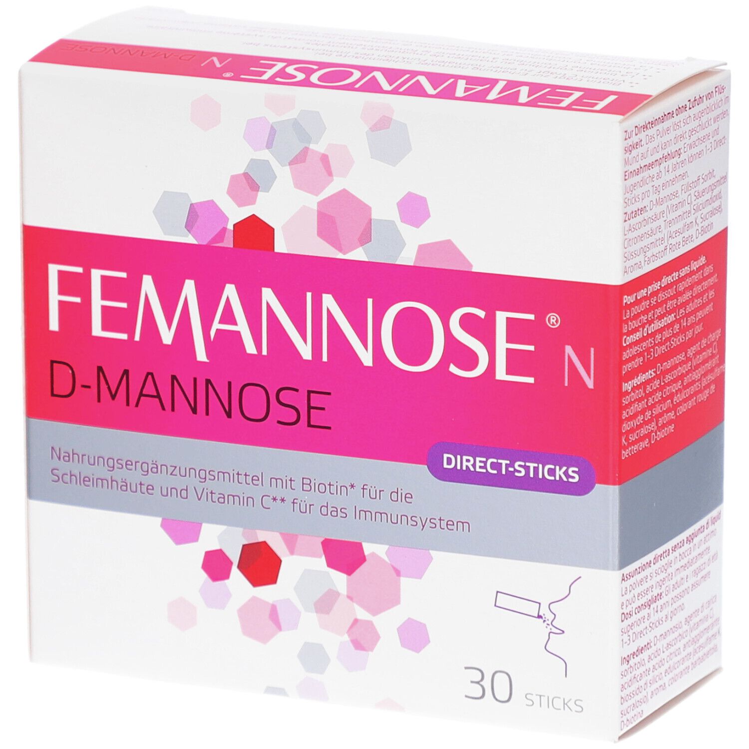 Karton FEMANNOSE N Direct-Sticks. Rosa und weiße Verpackung mit Produktnamen und 30 Sticks. Enthält D-Mannose, Vitamin C und Biotin. Direkt-Sticks.