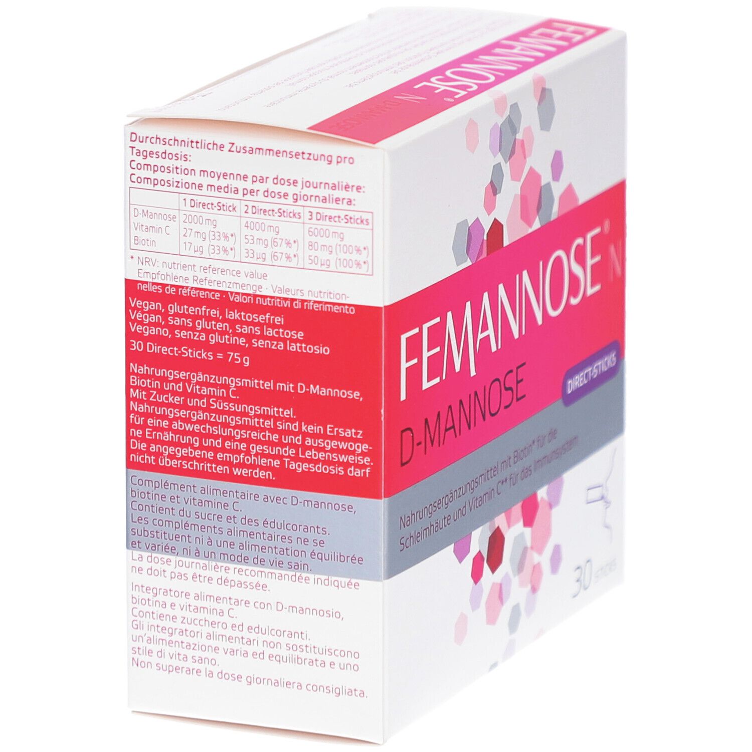 Karton FEMANNOSE N Direct-Sticks. Verpackung mit Produktnamen und 30 Sticks. Enthält D-Mannose, Vitamin C und Biotin. Nährwertangaben.