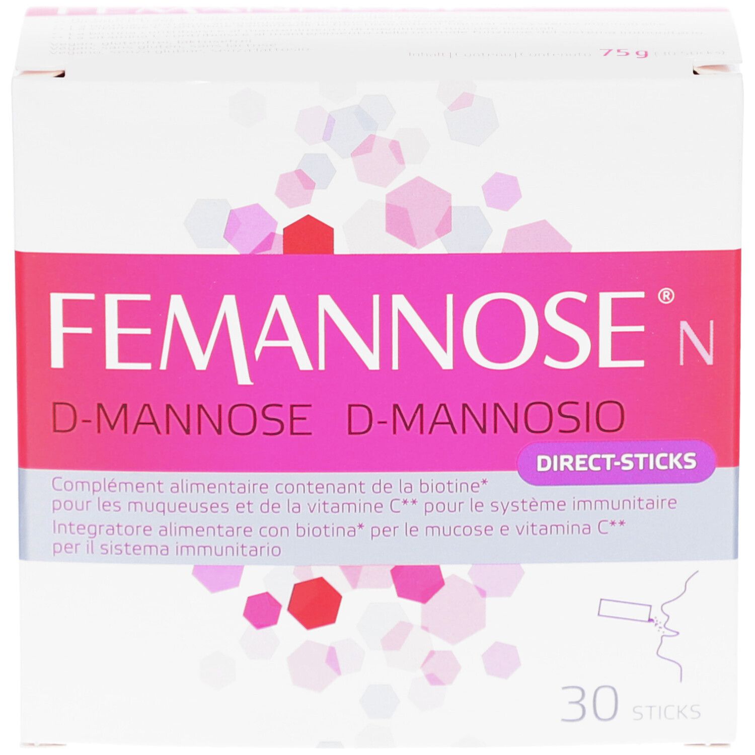 Karton FEMANNOSE N Direct-Sticks. Rosa und weiße Verpackung mit Produktnamen und 30 Sticks. Enthält D-Mannose, Vitamin C und Biotin. Direkt-Sticks.