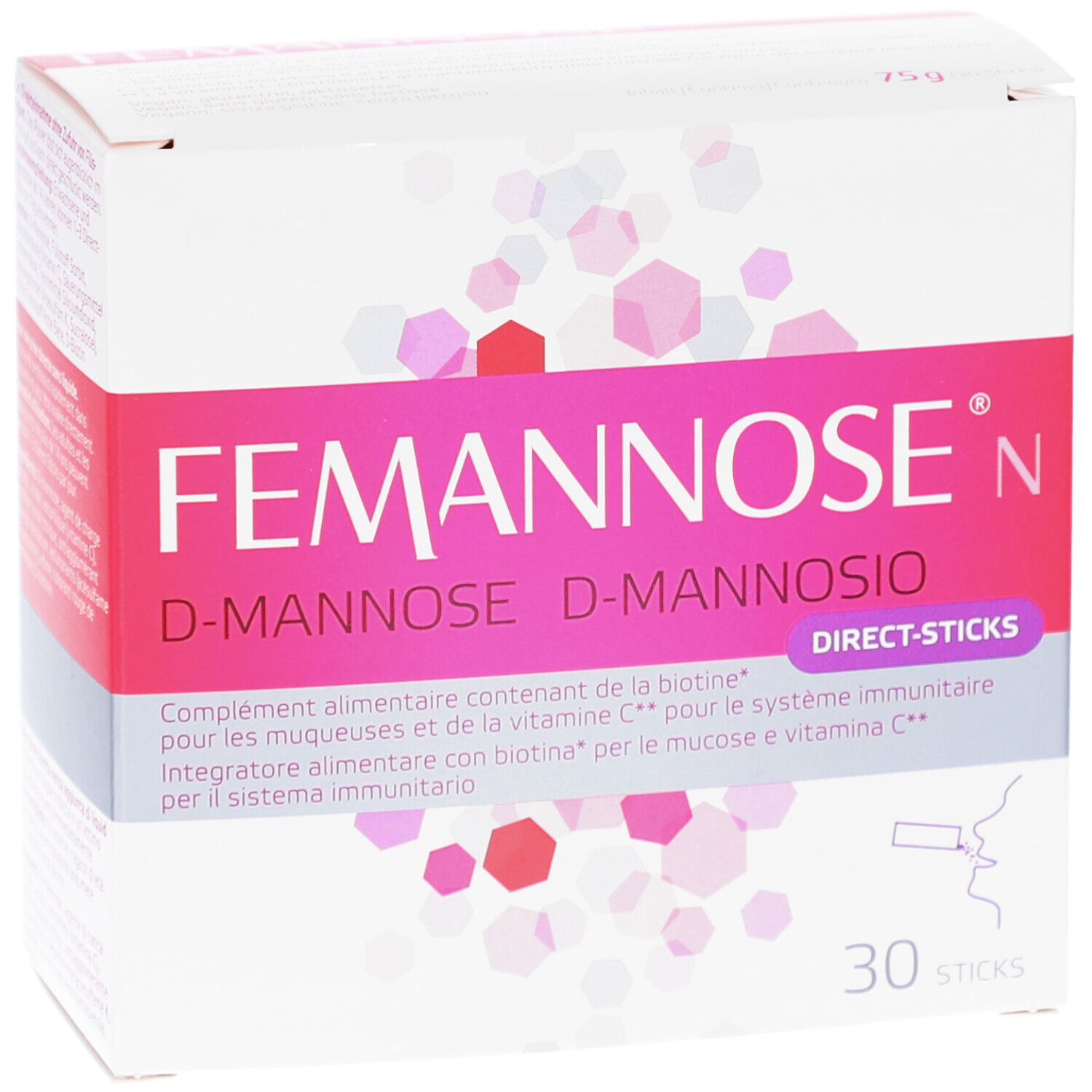 Karton FEMANNOSE N Direct-Sticks. Rosa und weiße Verpackung mit Produktnamen und 30 Sticks. Enthält D-Mannose, Vitamin C und Biotin. Direkt-Sticks.