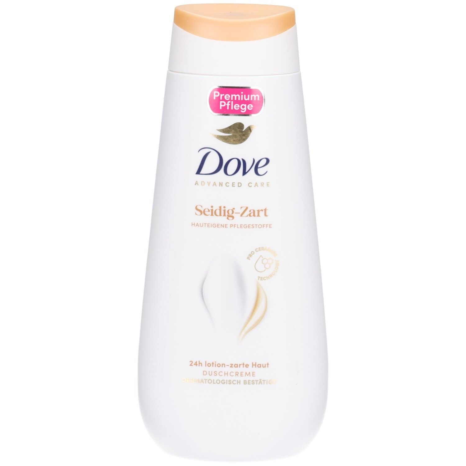Weiße Flasche mit hellbraunem Deckel. Dove Advanced Care Duschcreme, Seidig-Zart. Aufdrucke: Premium Pflege, Dove Logo, 24h Lotion-Sorte Haut.